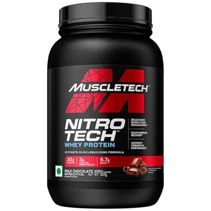 MuscleTech Nitro-Tech Whey Protein, 1.81kg (4lbs), Milk Chocolate, 30g Protein, 3g creatine monohydrate, 6.7g BCAA, ultimate muscle building formula, increase strength & performance