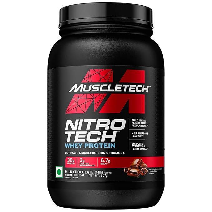MuscleTech Nitro-Tech Whey Protein, 1.81kg (4lbs), Milk Chocolate, 30g Protein, 3g creatine monohydrate, 6.7g BCAA, ultimate muscle building formula, increase strength & performance