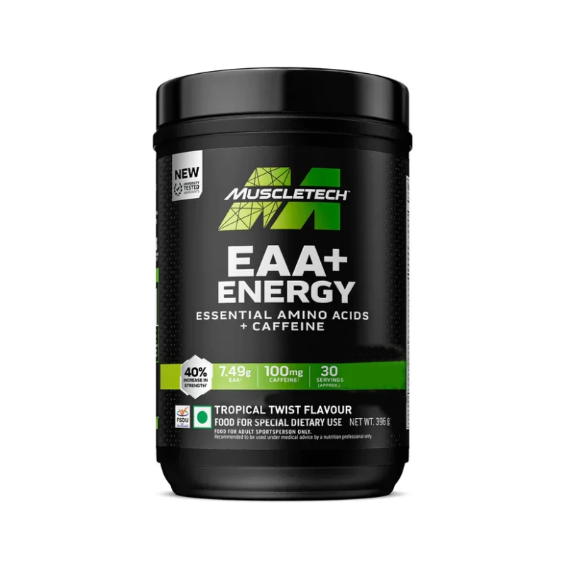 MuscleTech Eaa + Energy | Essential Amino Acids + 100Mg Caffeine | Replenish Electrolytes | Ultimate Recovery 7.4 grams Eaa | 4.5 grams Bcaa | 3 grams Leucine | 30 Servings | Tropical Twist, Powder