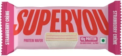Superyou Strawberry Protein Wafer Bars (Pack Of 1)|10 Gram Protein, 3 Gram Fiber, No Added Sugar|Yeast Fermented Protein|Energy Bars|Crunchy Wafer Bar|100% Vegetarian|No Palm Oil|40 Gram